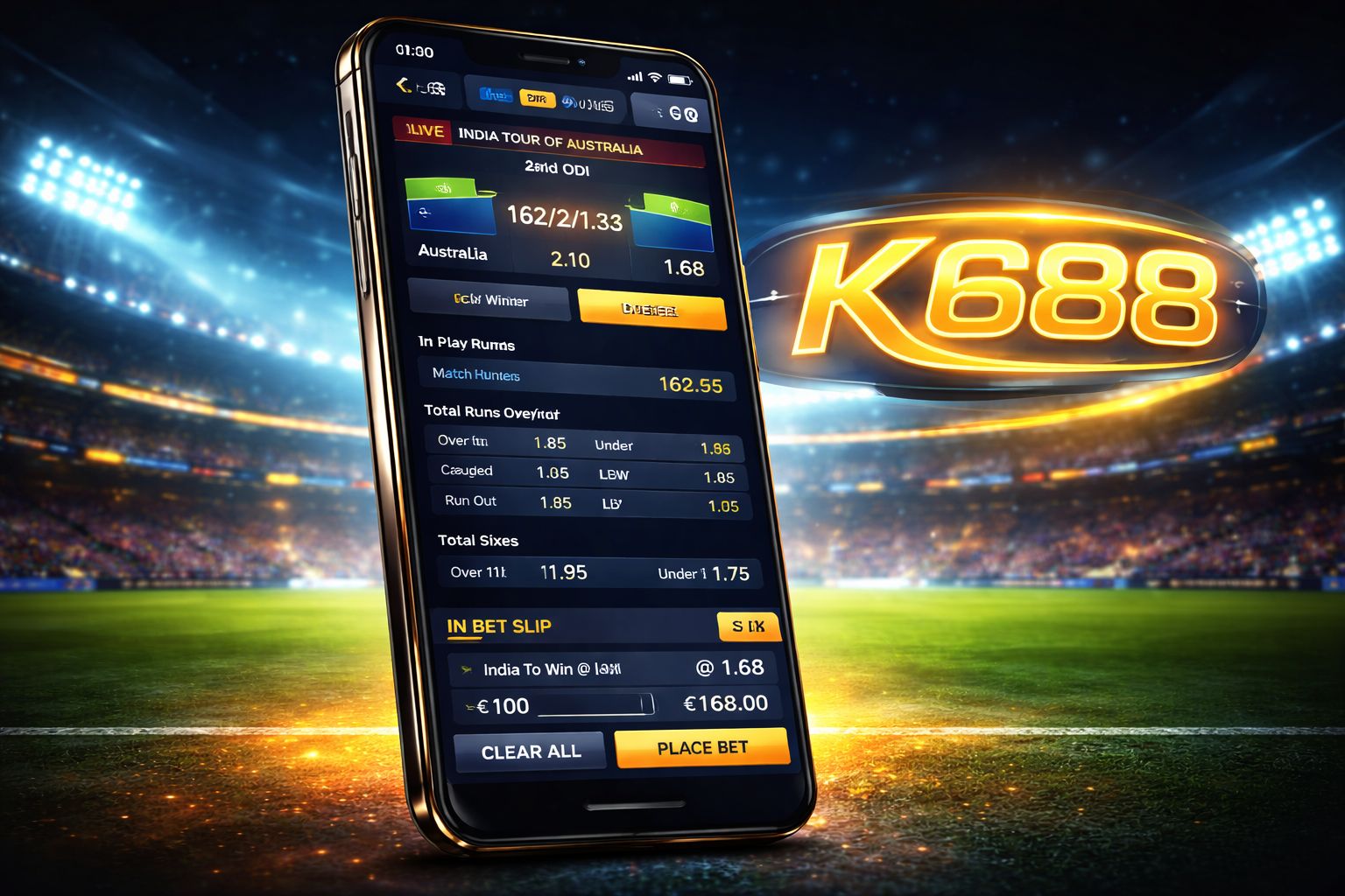K688 sports betting — live cricket markets on mobile screen