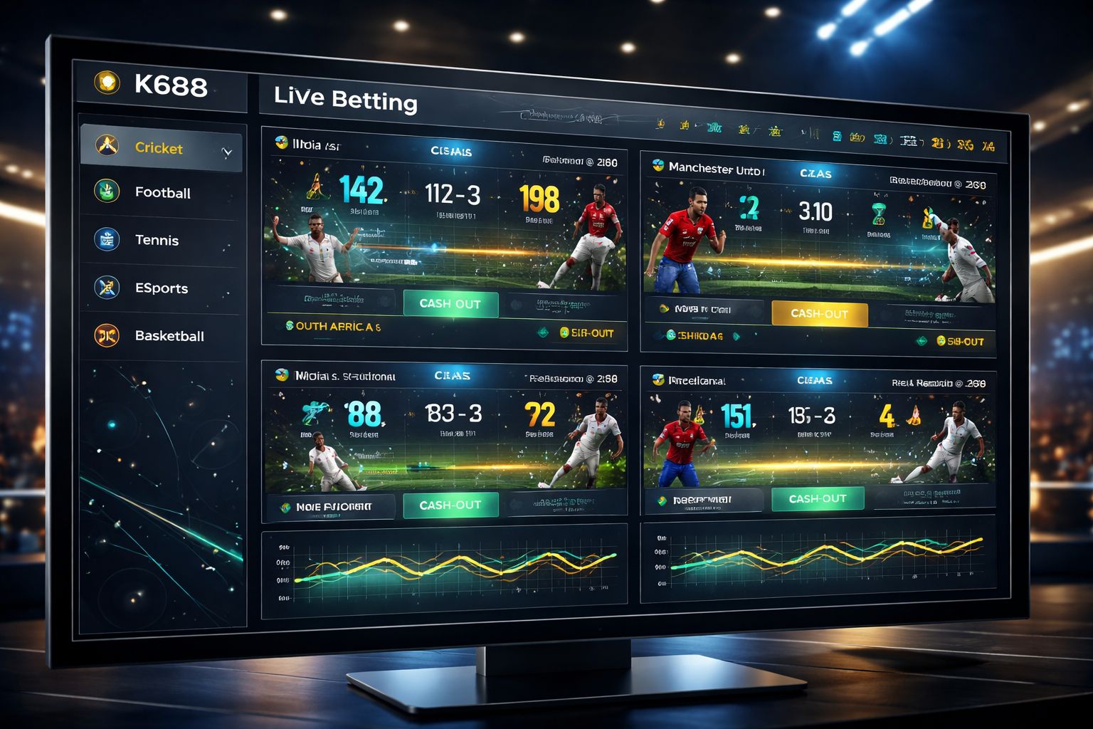 K688 live betting dashboard with cricket, football and eSports markets