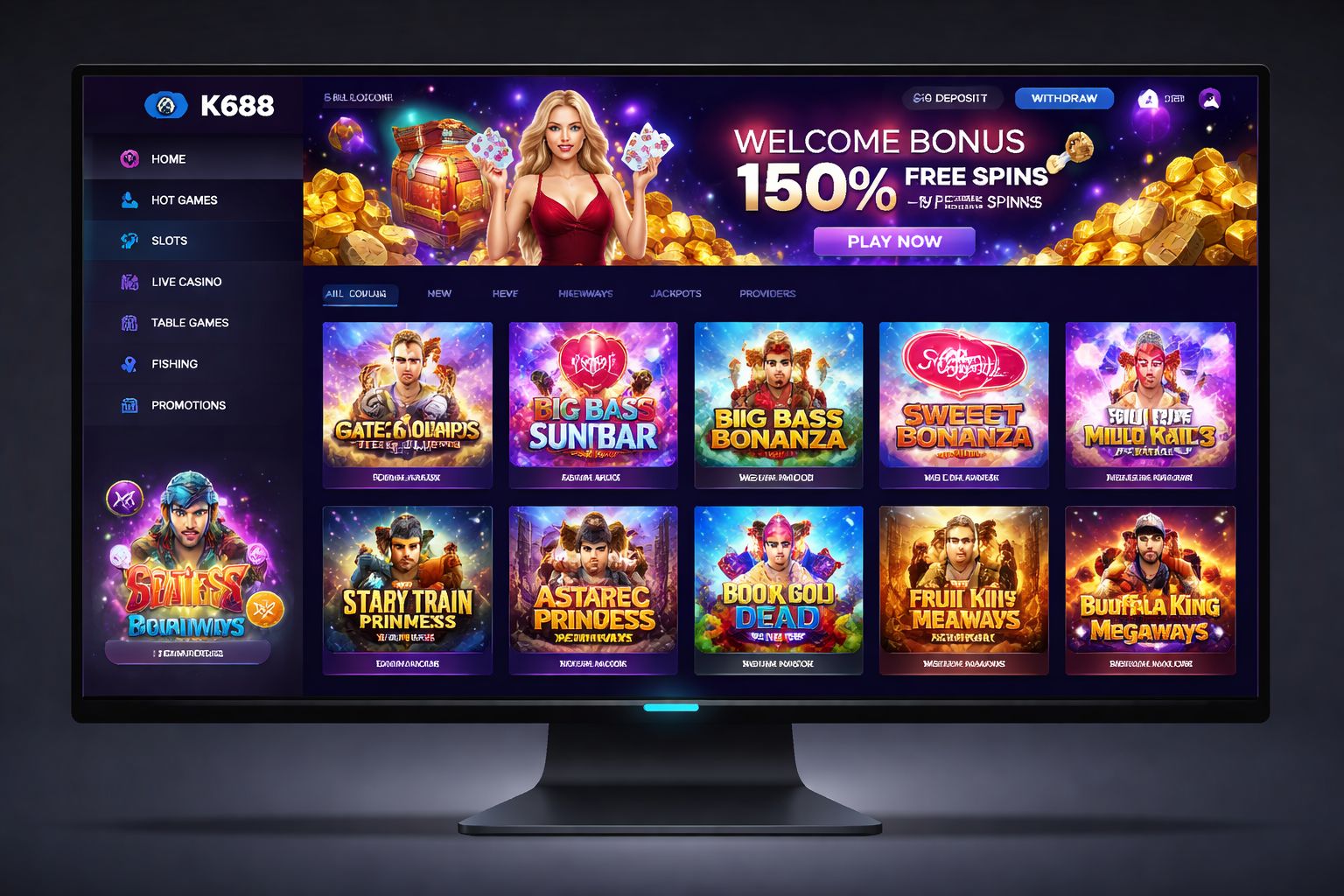 K688 slot lobby with featured game titles